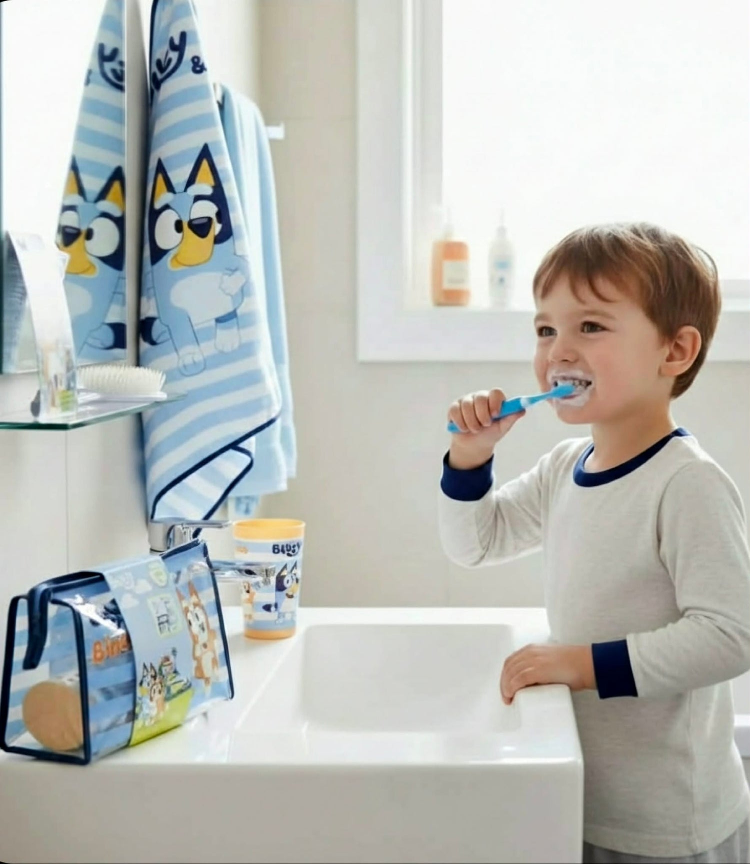 Момче си мие зъбите с аксесоари за баня Disney, украсени с Bluey.