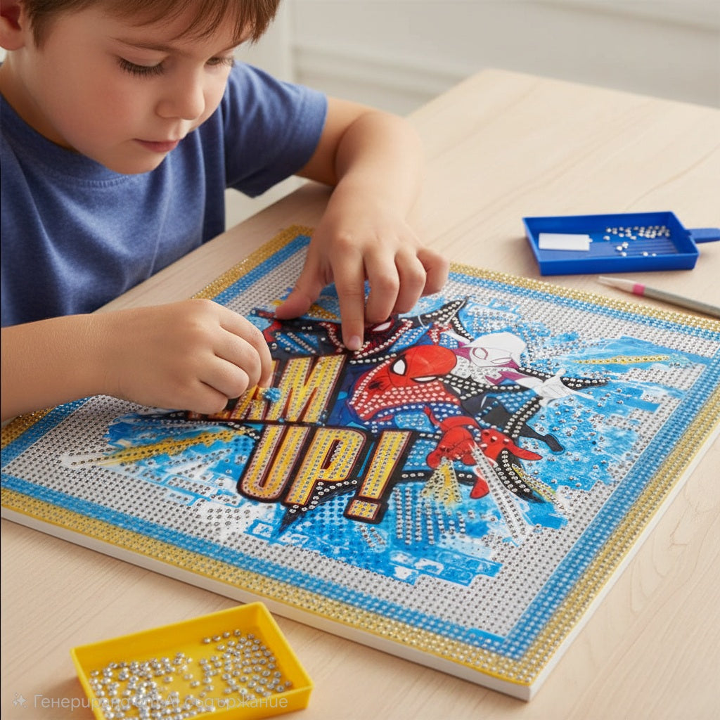 Момче създава диамантени гоблени с детски пъзел на супергерои, идеален за подарък за момче от онлайн магазин за детски стоки.