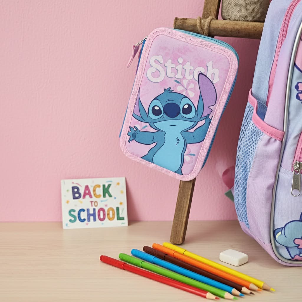 Ученически пособия с несесер Stitch и детска раница от онлайн магазин за детски стоки, идеални за първи учебен ден.