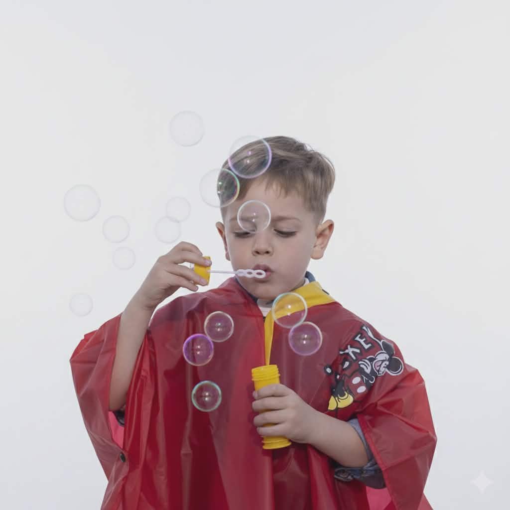 Детски дъждобрани - момче с чадърен дъждобран, използващо подарък за дете, снимано за онлайн магазин за детски стоки и игри.