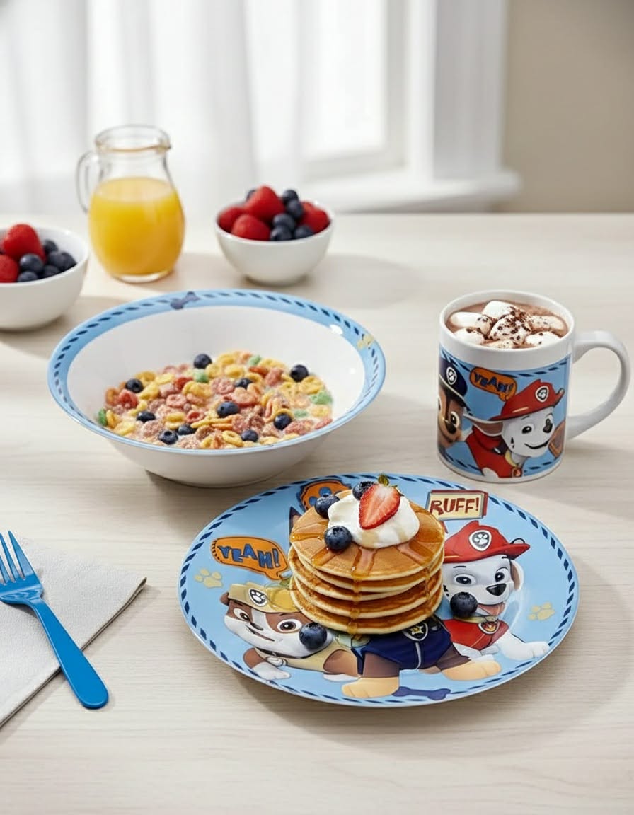 Детски комплекти за хранене с герои, включващи чиния, купа и чаша, идеални за забавно хранене, налични в онлайн магазин за детски стоки.