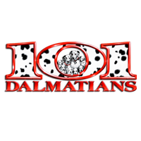 Логото на "101 Далматинци" с червени букви и черно-бели точки.