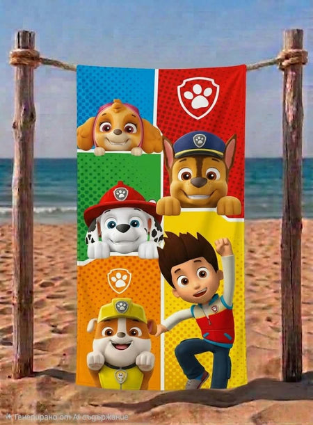 Шарена памучна детска хавлия Paw Patrol със Скай, Чейс, Маршал, Рабъл и Райдър, размер 140x70 см, 100% памук