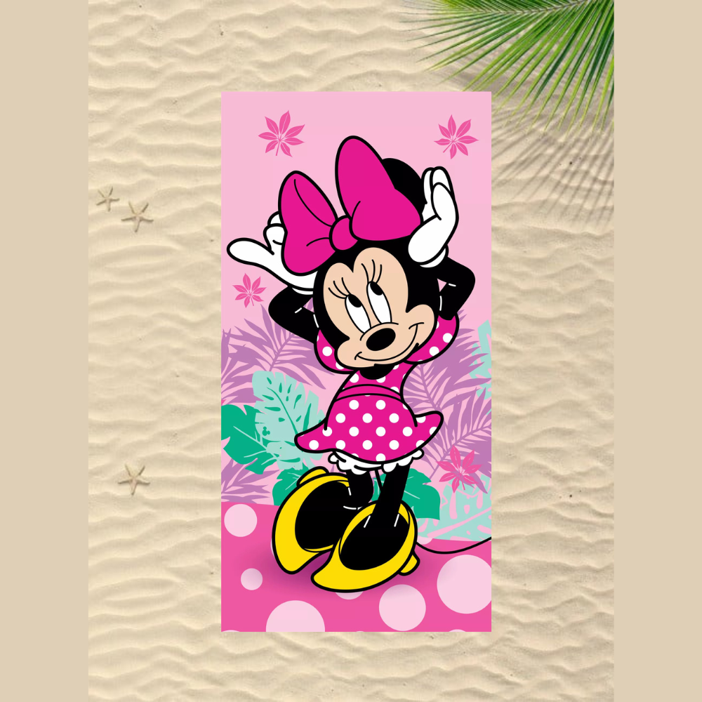 Памучна детска хавлия за плаж Minnie Mouse с цветен дизайн и усмихната Мини Маус.
