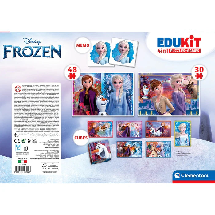 Комплект игра/пъзел, 4 в 1 Clementoni Frozen с активности за деца, включващи мемо, пъзели и кубчета.