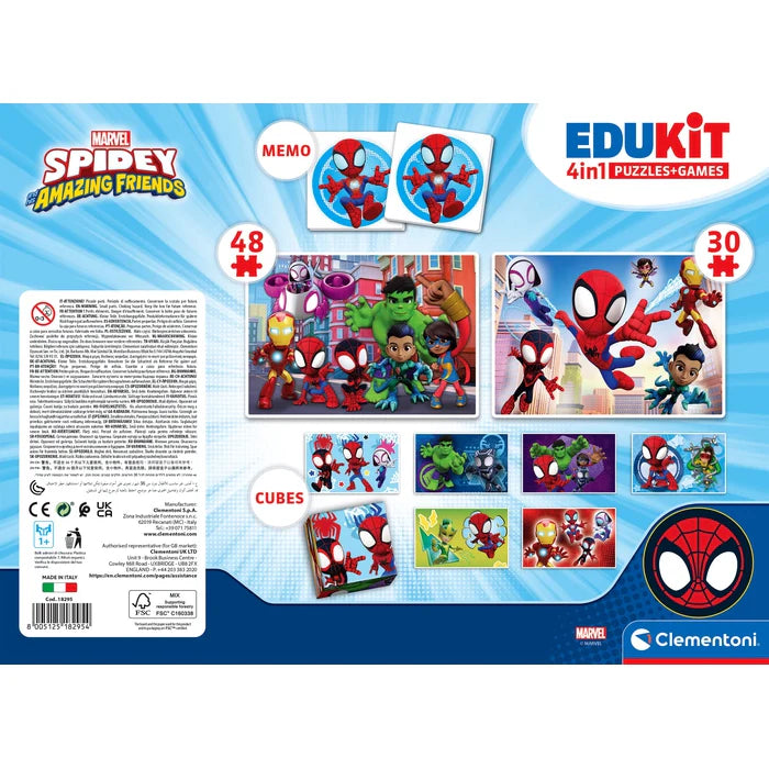 Комплект игра/пъзел, 4 в 1 Clementoni Spidey - детска игра с пъзели и мемо карти.
