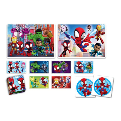 Комплект игра/пъзел, 4 в 1 Clementoni Spidey, включващи изображения на Спайдърмен и приятелите му.