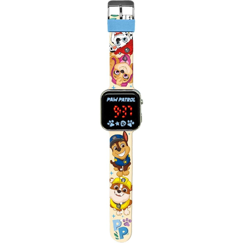 Детски LED часовник Paw Patrol с дизайн на героите от Пес Патрул, показващ време в червени пиксели, идеален за деца.