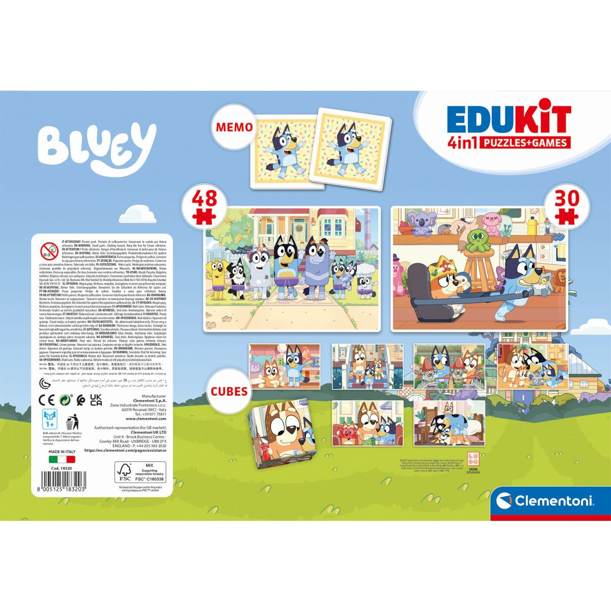 Комплект игра/пъзел, 4 в 1 Clementoni Bluey - задната страна на опаковката показва съдържание и инструкции