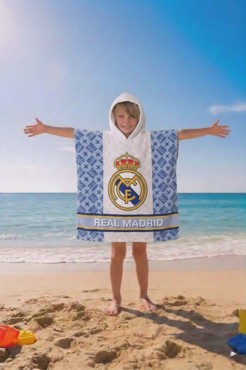Детско пончо за плаж Real Madrid – 100% памук с качулка, 120x60 см