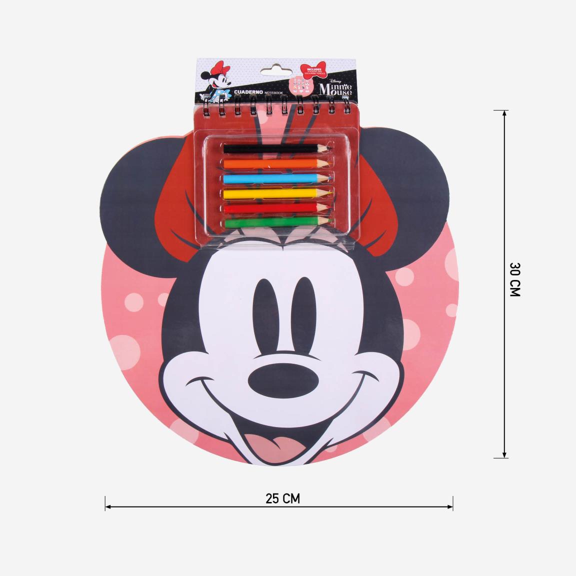 Книжка за оцветяване и рисуване Minnie Mouse с цветни моливчета на розов фон и усмихнатото лице на Мини Маус.