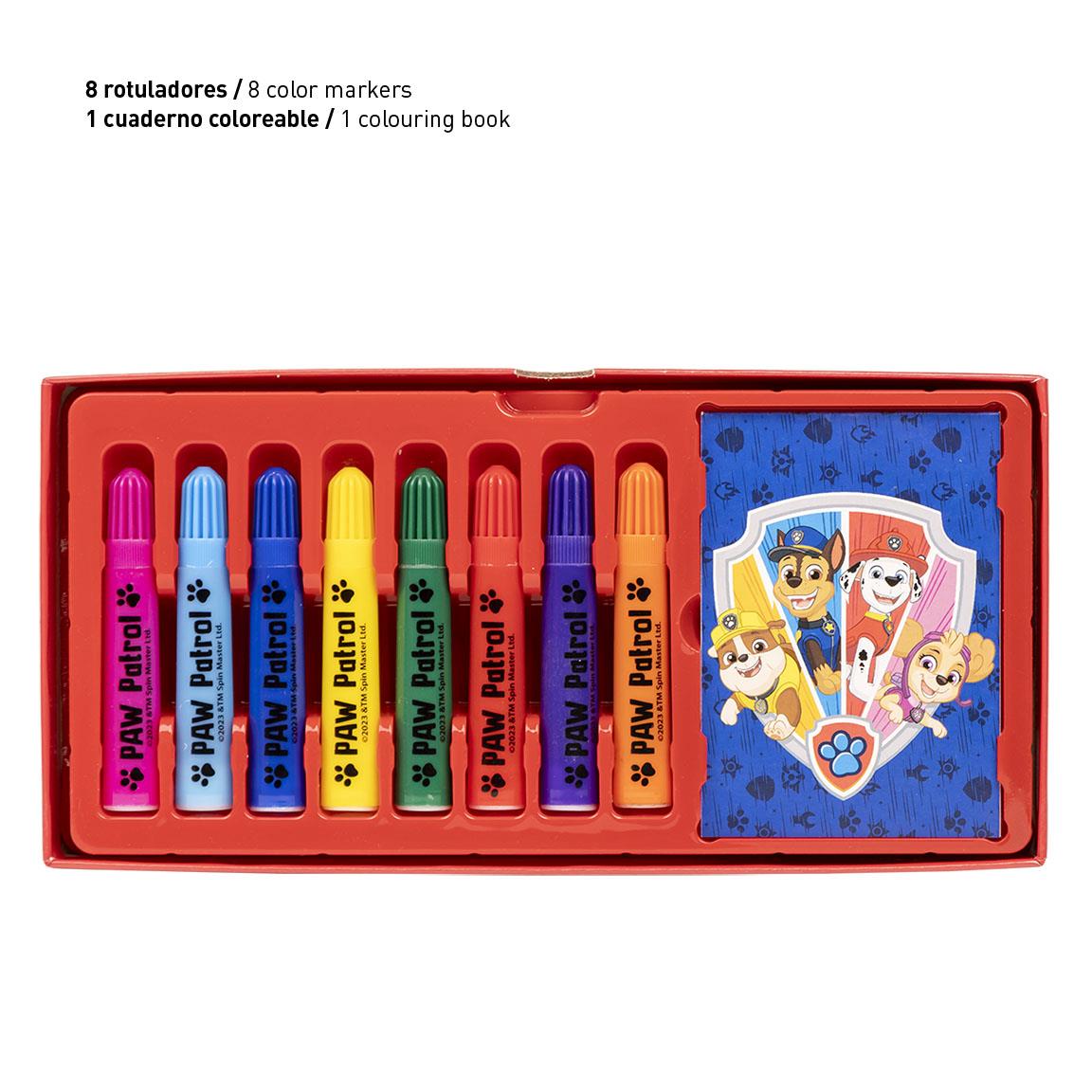 Куфар за рисуване Paw Patrol с 8 цветни маркери и оцветяваща книга.