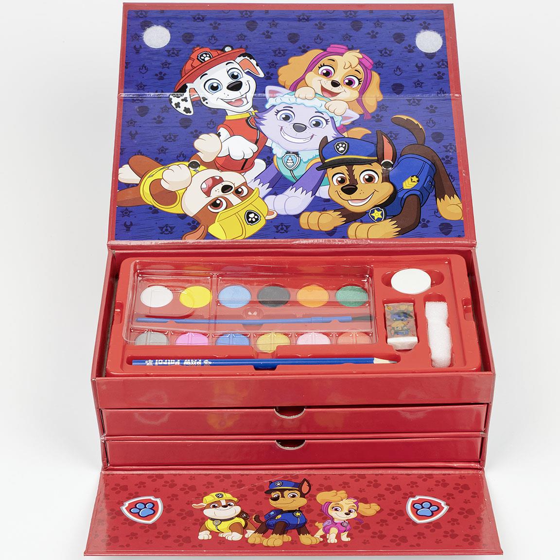 Куфар за рисуване Paw Patrol с цветни бои и аксесоари за творчество, идеален за деца.