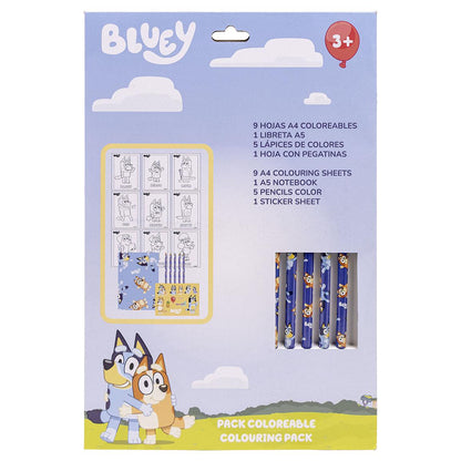 Комплект за оцветяване Bluey с 9 листа за оцветяване, тетрадка, цветни моливи и стикери.