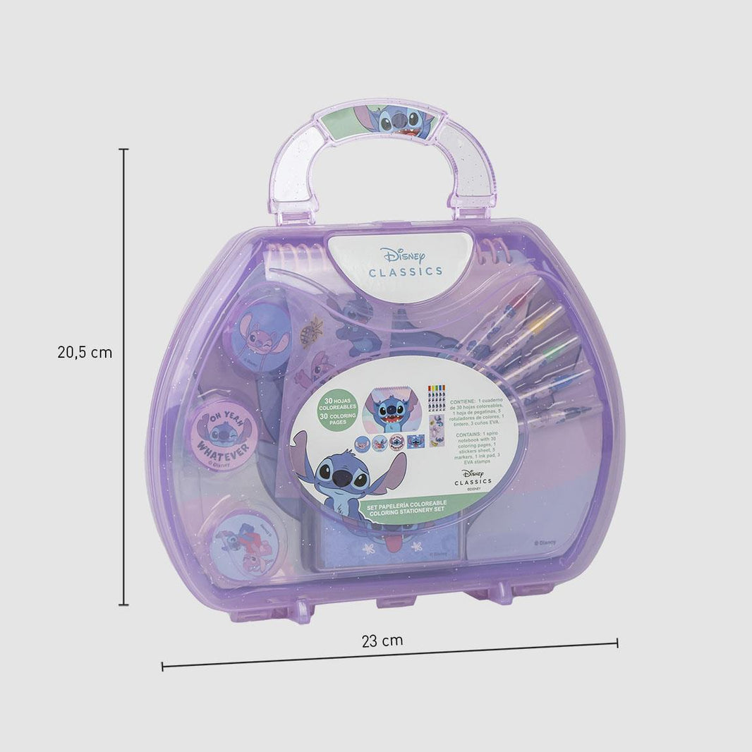 Куфар за рисуване Stitch с аксесоари и цветни моливи в лилав дизайн.