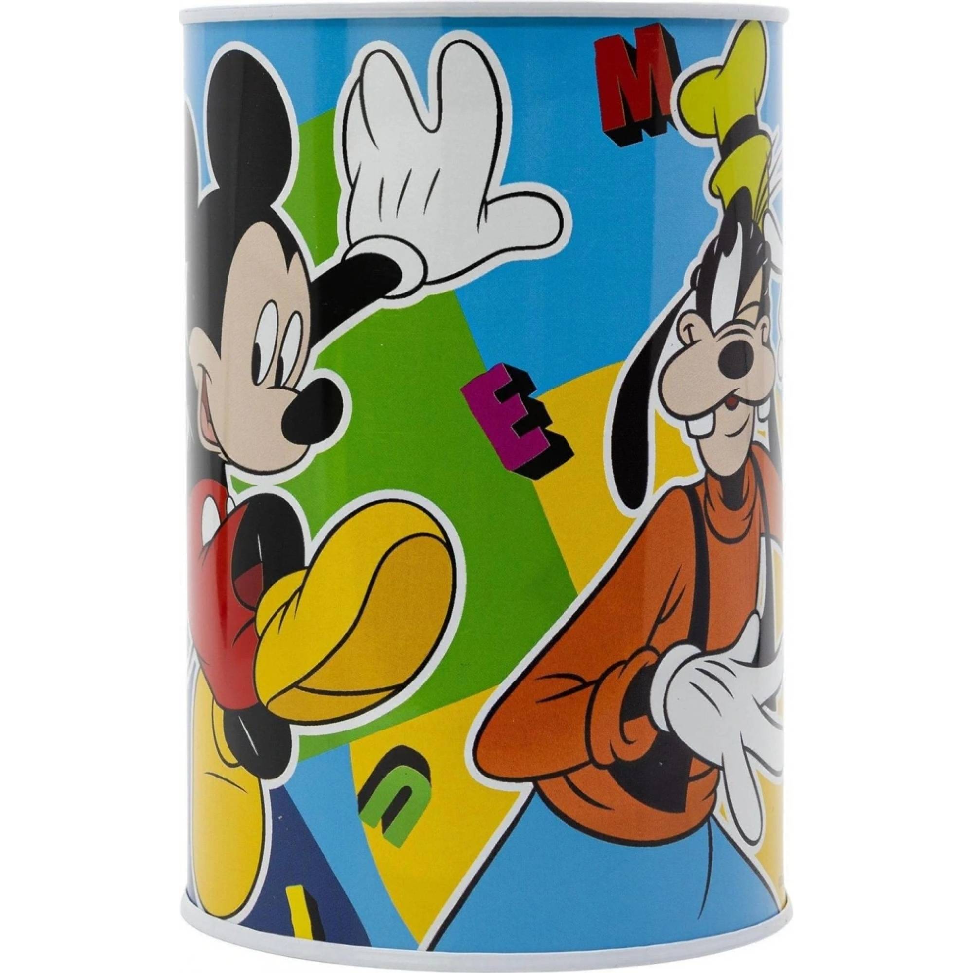 Метална касичка Mickey Mouse с изображение на Мики Маус и Гуфи, идеална за деца, насърчаваща спестяването.