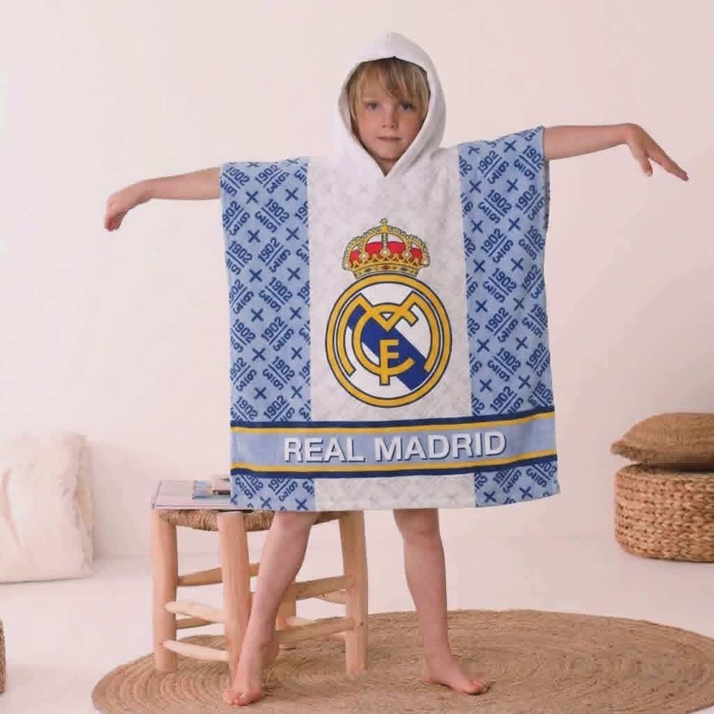 Детско пончо за плаж Real Madrid – 100% памук с качулка, 120x60 см
