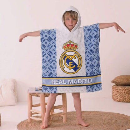 Детско пончо за плаж Real Madrid – 100% памук с качулка, 120x60 см