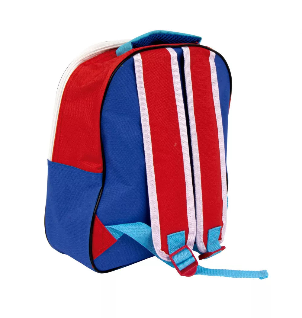 3D Детска раница за градина Avengers в червено и синьо, подходяща за деца с регулируеми презрамки.