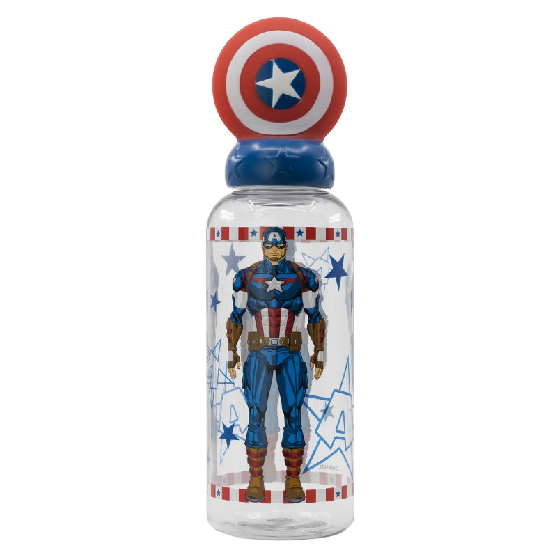 Бутилка за вода Captain America 560ml, 3D капачка с фигурка на капитан Америка и звезди