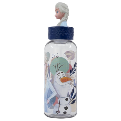Бутилка за вода FROZEN 560ml, 3D капачка с фигура на Елза и Олаф, детски аксесоар за училище и игри.