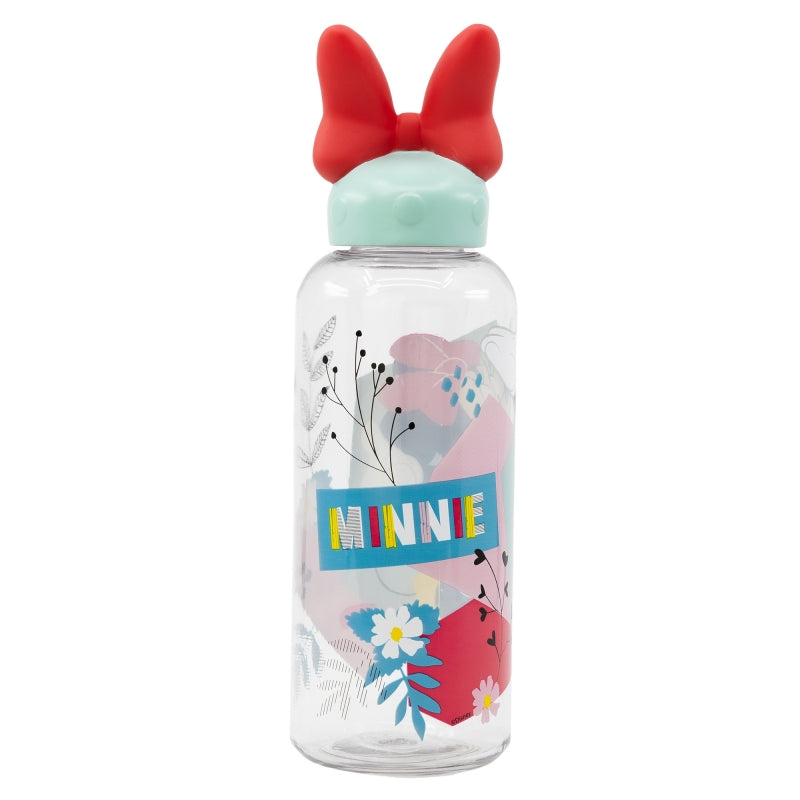 Бутилка за вода Minnie Mouse 560ml, 3D капачка с червена панделка и цветен дизайн.