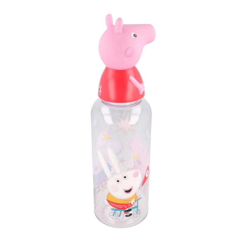 Бутилка за вода Peppa Pig 560ml, 3D капачка с фигура на прасенце Пепа от детска играчка.