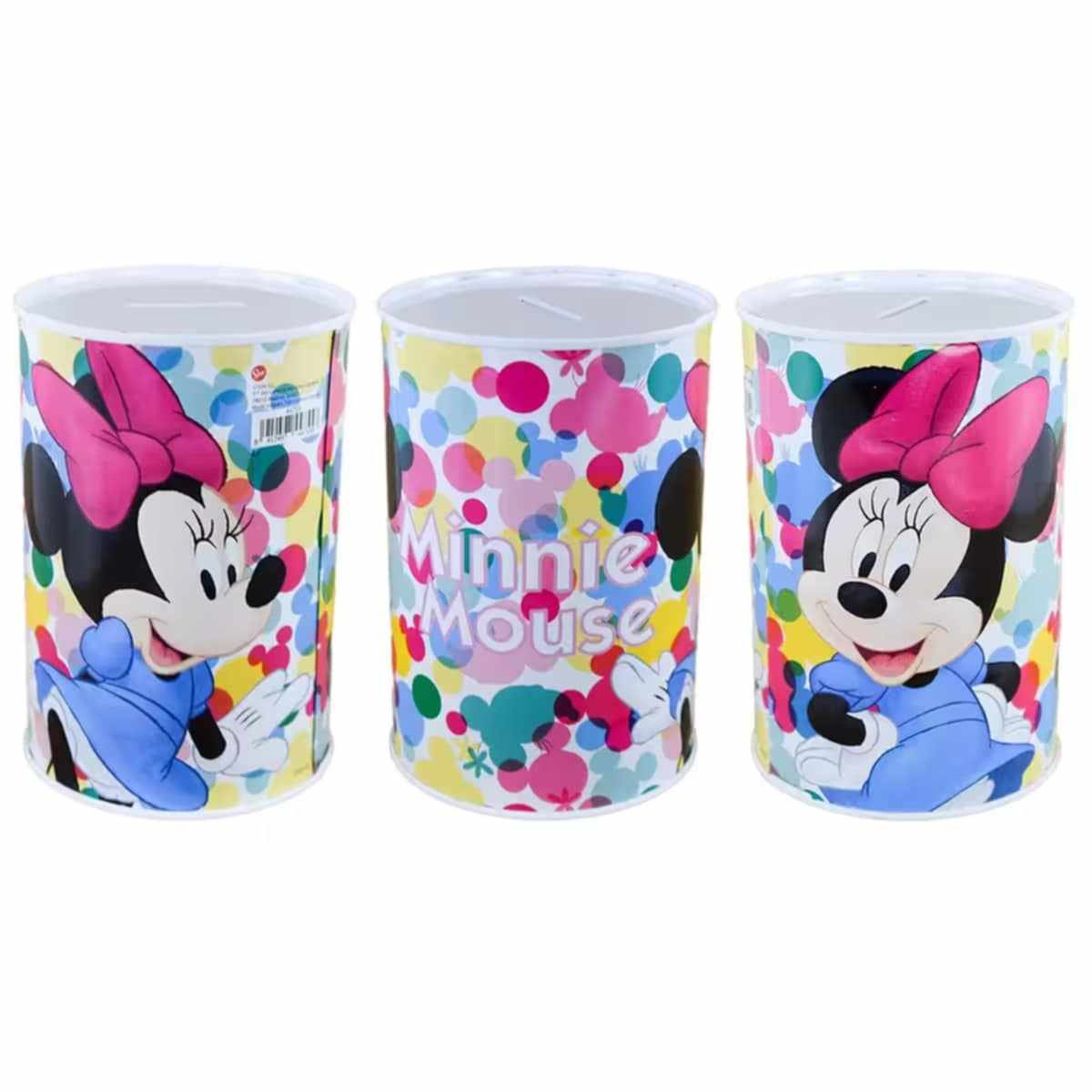 Метална касичка Minnie Mouse с цветен дизайн и елементи от любимата анимационна героиня.