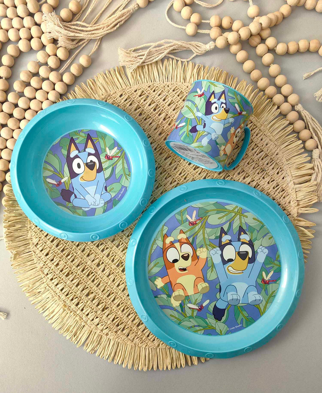 син комплект за хранене с блуи и бинго от чиния, купа и чаша