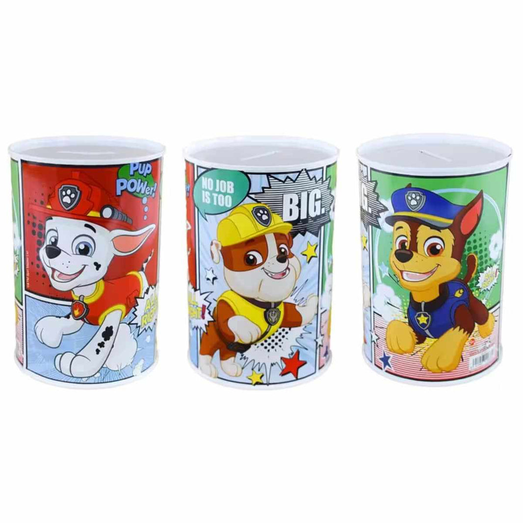 Метална касичка Paw Patrol с героите от Пес Патрул, идеална за спестяване и детски игри.
