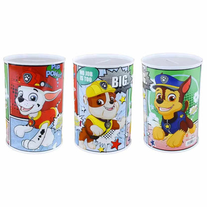 Метална касичка Paw Patrol с героите от Пес Патрул, идеална за спестяване и детски игри.