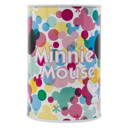 Метална касичка Minnie Mouse с цветни цветя и символи, идеален подарък за деца.