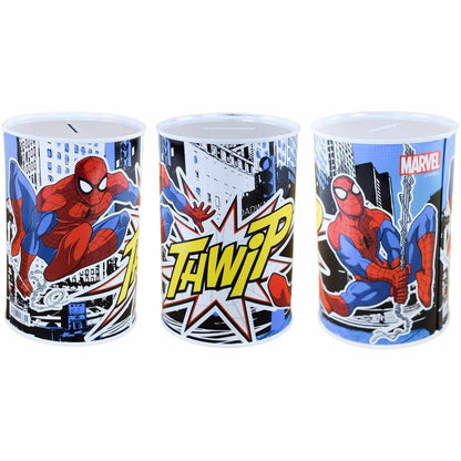 Метална касичка Spiderman с ярки изображения на супергероя и забавен дизайн за детската стая.
