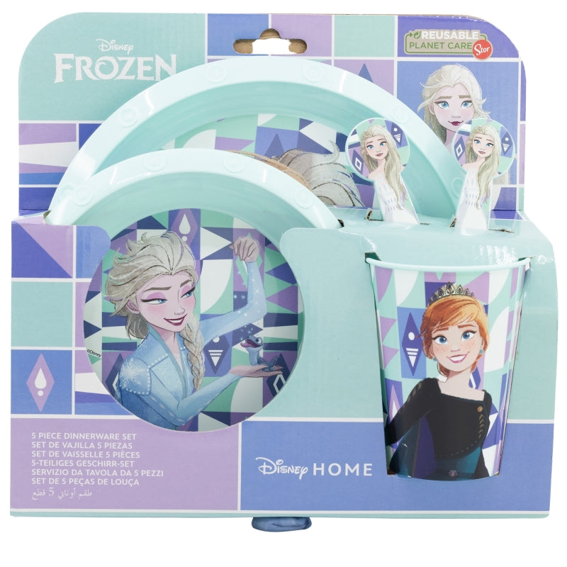 Комплект за хранене Ана и Елза Frozen, 5 части - чаша, купа, чиния и прибори с героите от Disney.