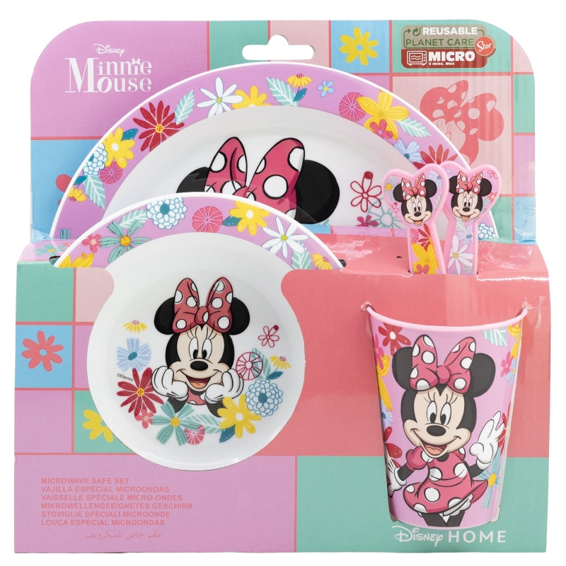 Комплект за хранене Minnie Mouse с чинии, купа, чаша и прибори, идеален за деца и подарък.