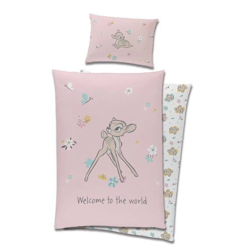 Детско спално бельо Bambi с розов дизайн и изображения на Bambi и цветя.