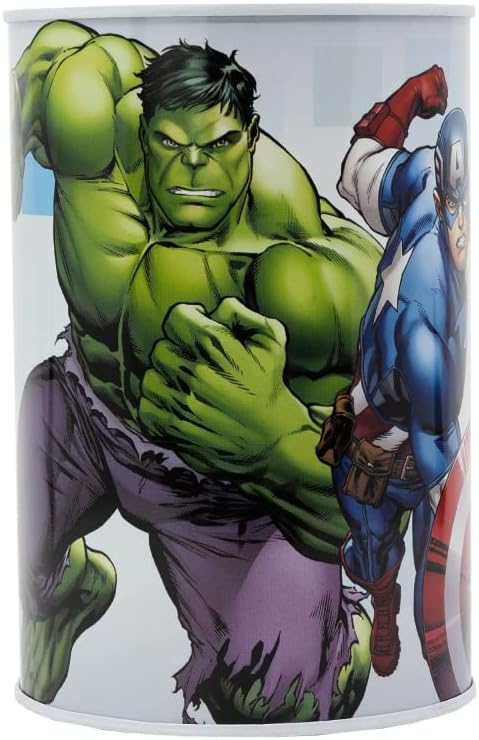 Метална касичка Avengers с изображения на Хълк и Капитан Америка, идеална за детски спестявания.
