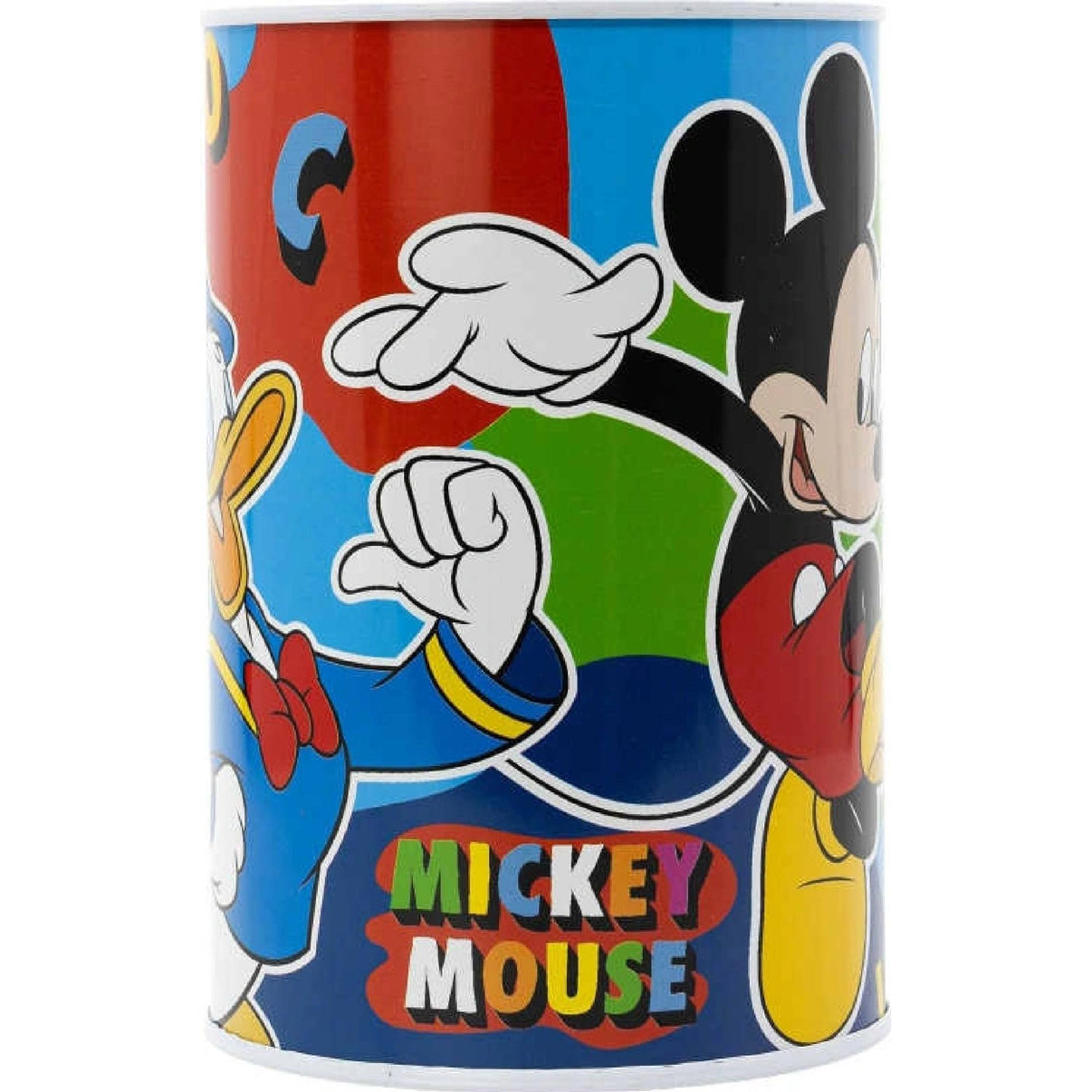 Метална касичка Mickey Mouse с изображения на Мики Маус и Доналд Дък, идеална за спестяване.