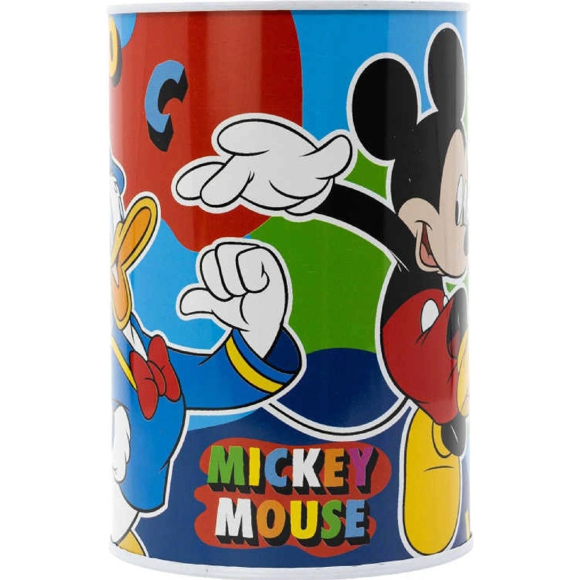 Метална касичка Mickey Mouse с изображения на Мики Маус и Доналд Дък, идеална за спестяване.