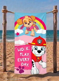  Детска плажна хавлия Paw Patrol със Скай и Маршал, розово и синьо, размер 140x70 см, 100% памук