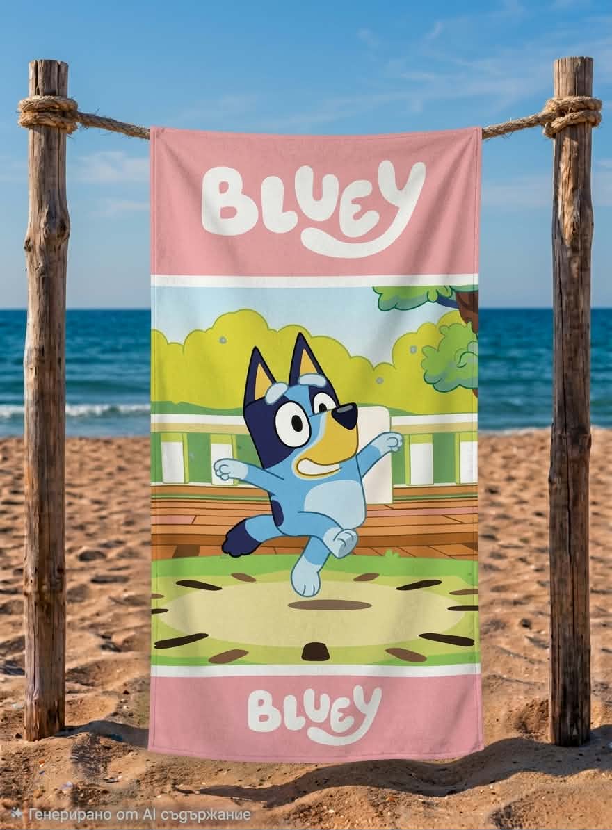 Розова памучна детска хавлия Bluey с игрив дизайн, размер 140x70 см, 100% памук, подходяща за плаж