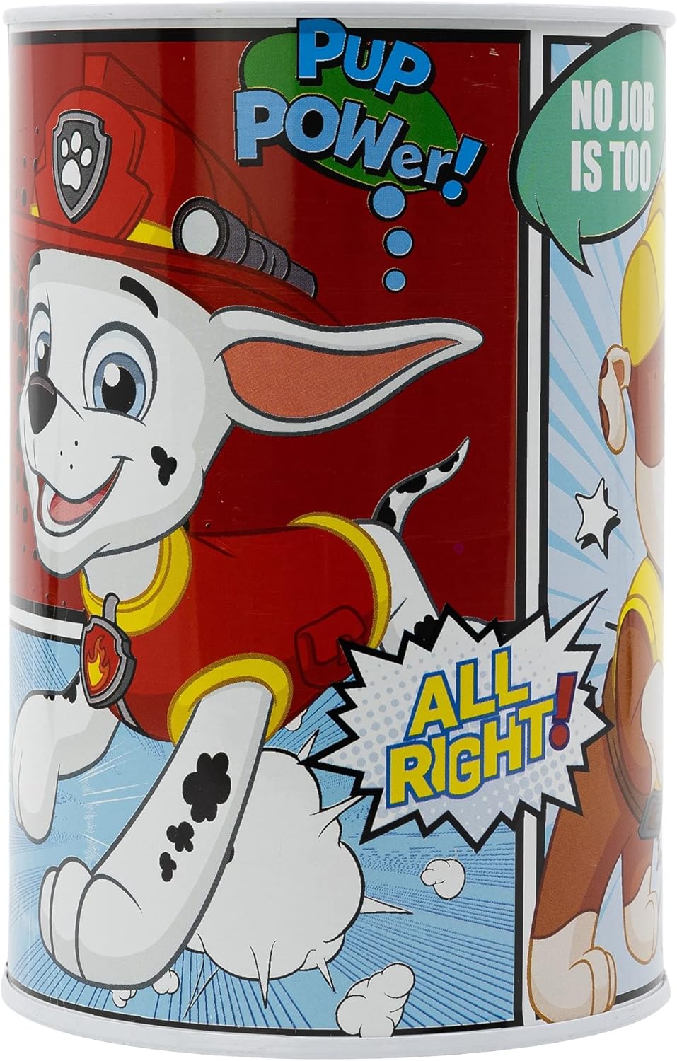 Метална касичка Paw Patrol с изображение на кучето Маршал и надпис "Pup Power!".