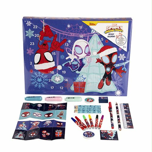 Адвент календар Spidey с подаръци за всяко утро до Коледа, включващ игри и рисувателни материали.
