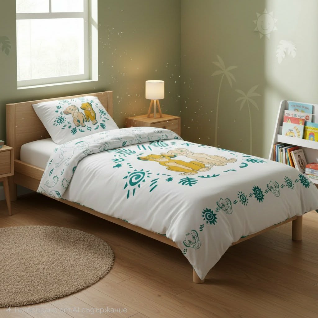 Детско двулицево спално бельо Lion king с Симба и Нала на легло в детска стая