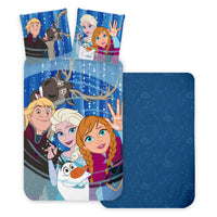 Детско двулицево спално бельо Frozen с Ана и Елза, цветни мотиви и цип, 140х200 см.