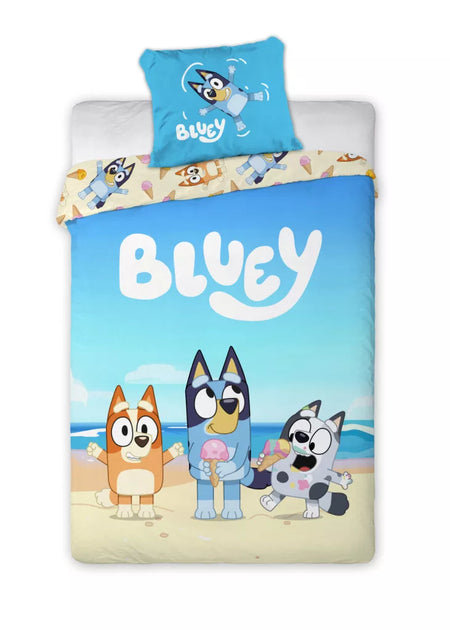 Детско двулицево спално бельо Bluey и Bingo – 100% памук, плик 140x200 см и калъфка 70x90 см