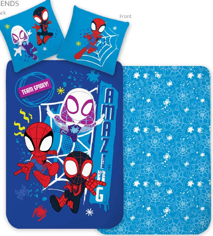 Синьо детско спално бельо Spidey Amazing Friends с Spidey, Miles Morales и Ghost-Spider, плик 100x135 см и калъфка 40x60 см, 100% памук