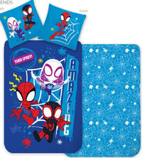 Синьо детско спално бельо Spidey Amazing Friends с Spidey, Miles Morales и Ghost-Spider, плик 100x135 см и калъфка 40x60 см, 100% памук