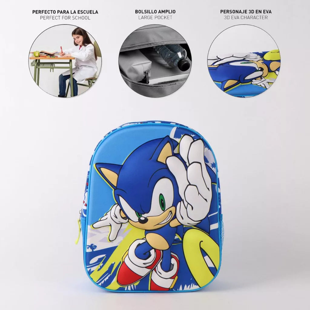 главна снимка с Sonic в динамична поза, страничен джоб и презрамки, вътрешно отделение, детайл на 3D дизайна, задна страна
