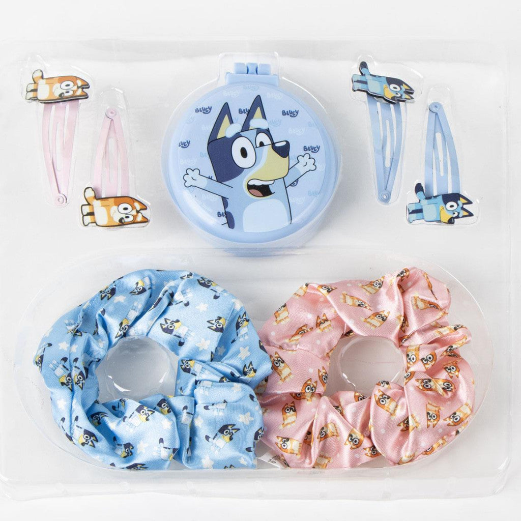 Детски комплект аксесоари за коса Bluey – 7 части със сатенени скрънчита, щипки и кутия с мотив Bluey
